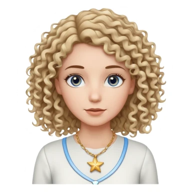 Very white woman, with blue/grey eyes, straight brown hair that is a little bit blonde and the tips are curly, cute white outfit, star neckless sticker