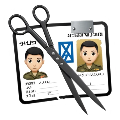 black Scissors cutting an idf soldier ID card in 2 parts .hyper realistic sticker