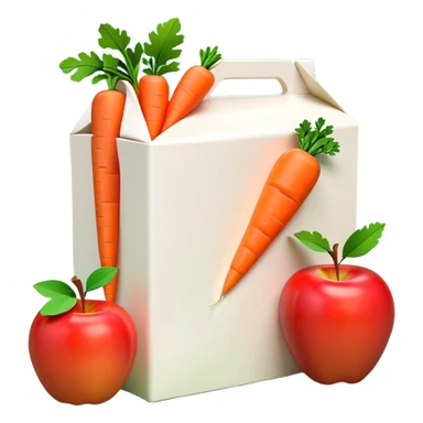 Apply the profile to render a 3D food icon with milk, carrots and apples. A milk (or juice) paper box standing behind, a bright red apple with green leaves on the right, and an orange carrot with green tassels lying horizontally in front. These items all have a smooth, round, and brightly colored cartoonized or iconized appearance, commonly used to represent scenes or concepts related to food staples, healthy eating, nutrition, or daily dining.Octane render. 8k. sticker