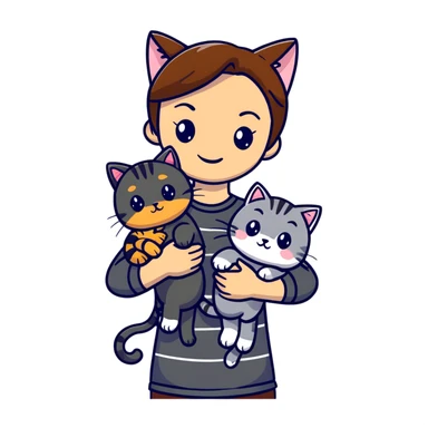 Tan brown-haired girl holding three cats, one black cat, one grey cat, and one grey-striped cat sticker