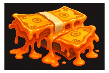 Transform the stacks of money into a scene where the money is flowing like lava, with a molten, liquid effect that is vibrant and dynamic, but still recognizable as money. Keep the style similar to the original image, emphasizing the flowing, molten money effect with rich colors and fluid motion. sticker