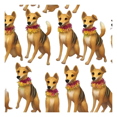  brindle brown black maroon striped lurcher Alsatian fox running blue eyes and iridescent holographic oilslick harness wearing paper iridescent tropical flower crown yellow caution tape sticker