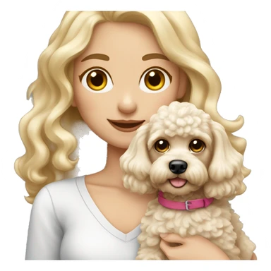 White blonde long wavy hair girl holding a cute toypoodle dog with short ears wavy fur sticker