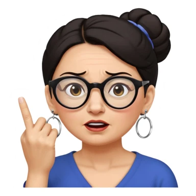 middle aged woman with dark hair pulled up in a high bun, wearing round ring earrings and glasses blocking her ears with her index finger, with a very painful expression on her face  because she cannot stand hearing a terrible singer who is too loud and out of tune.   sticker