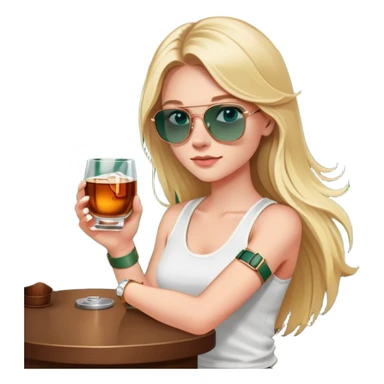 girl with long blond hair
with blue eyes
and aviator sunglasses
wearing white tank top 
holding a glass of whiskey 
wearing rose gold apple watch with forest green band  sticker