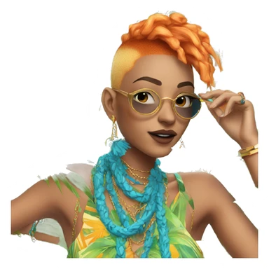 Person wearing funky tropical outfit collage with gold chain necklace and blue and ginger dyed hair sticker