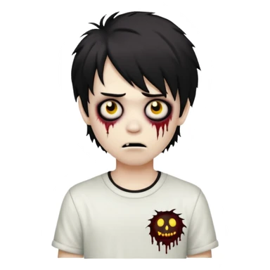 boy zombie with black, medium-long, emo, shaggy hair, dark and spooky, creepy expression, wearing a white shirt, emoji style sticker