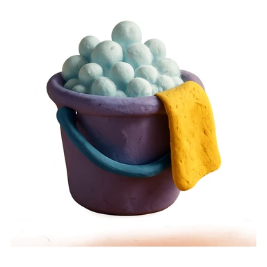 bucket with bubbles and cleaning cloth in claymation style, soft matte finish sticker
