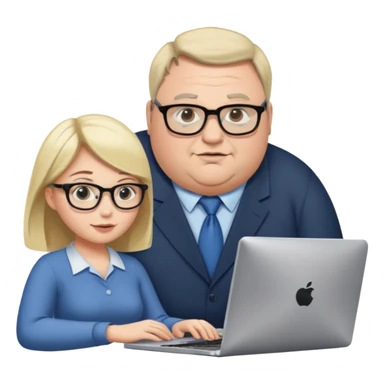 A girl helping a really fat man on the computer sticker