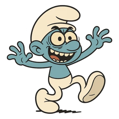 a smurf acting erratic, with dark circles under eyes and a manic grin, cartoon style sticker