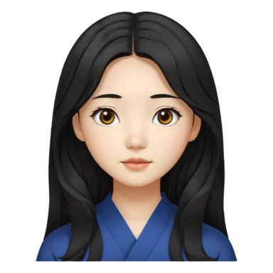 Korean girl with long black hair that is slightly wavy, with a middle part and face framing hairstyle. Asian eyes, brown colored eyes sticker
