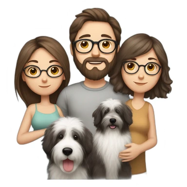 Pregnant girl with half long brown hair with glasses, a boy with long beard, glasses and short hair and english sheepdog sticker