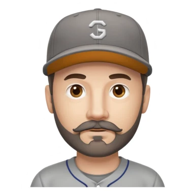 white male with dark brown goatee beard and moustache with grey tones wearing a grey baseball cap back to front with hazel eyes sticker