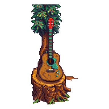pixel art guitar resting on a tree stump, retro style, warm muted colors, subtle grain, nostalgic aesthetic sticker