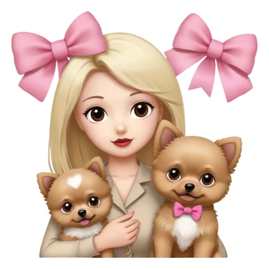 blonde girl old money beige outfit brown eyes with his boy husband white skin black hair and brown eyes with two pomeranian baby 1 white and another red brown with pink bow for the dogs sticker
