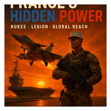 Dramatic 8K scene of a Rafale jet taking off from a French carrier at sunset with an orange glow. Foreground features a Foreign Legionnaire in desert camouflage with a futuristic weapon. Bold tricolor text: 'FRANCE’S HIDDEN POWER'. Subtext: 'Nukes • Legion • Global Reach'. Epic, cinematic. sticker