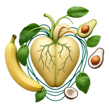 Banana, avocado, potato, spinach, coconut, white beans, and melon surrounding a glowing heart and nervous system network. Gentle electrical waves flow from the foods to the organs and muscles, illustrating how potassium maintains fluid balance and electrical stability throughout the body. sticker