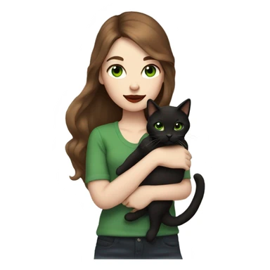 A girl with white skin, green eyes, red lipstick, mid long brown hair, holding a black cat in her arms  sticker