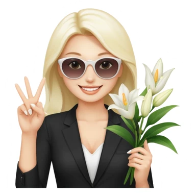 Professional sexy woman smiling holding lilies posing in shades  and flashing peace sign fingers sticker