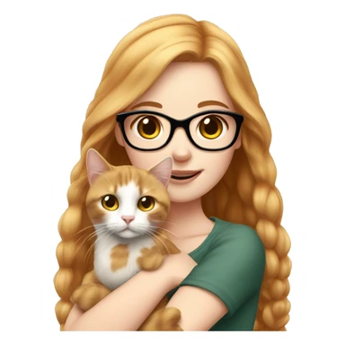 White skin strawberry-blonde haired girl with glasses holding long-haired calico cat sticker