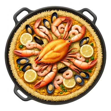 Cinematic Realistic Paella Dish Emoji, depicted as a vibrant, aromatic rice dish loaded with seafood, chicken, and saffron rendered with rich textures and dynamic, warm lighting. sticker