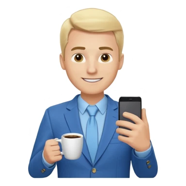 Confident and outgoing male entrepreneur, Caucasian features, blonde hair, big friendly smile, expressive eyes, defined eyebrows, wearing a blue blazer over a light blue shirt, holding a smartphone in one hand and a coffee cup in the other, waist-up, front-facing sticker