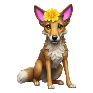  brindle fluffy lurcher Alsatian fox running blue eyes fluffy ears and iridescent holographic oilslick harness wearing paper flower crown yellow caution tape neon sign sticker