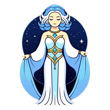 fullbody universe goddess Sophia, Ethereal Light Being, Made of starlight and fractals, Glowing white/gold skin with flowing translucent robes, Hair blue like galaxy mist, Jewelry made of stars and crystals sticker