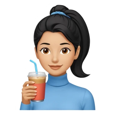  tan skin woman with long face, and very short black hair slicked back ponytail with forehead showing, wearing solid light blue turtleneck shirt, drinking iced coffee, smiling with middle parted hair sticker