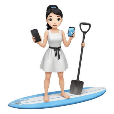 Princess who wearing white dress (woman) black ponytail hair holding her cellphone and  one garden iron shovel with another hand. there is one blue surfing board under her feet. She is looking at her phone. sticker