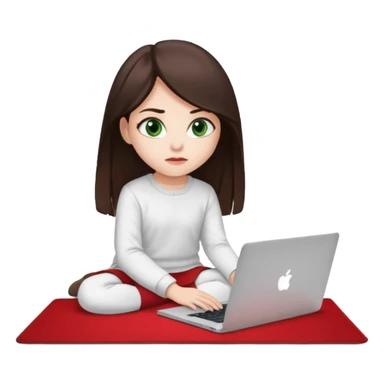 Long dark brown haired, white skinned, dark green eyed girl in white clothes girl sitting in macbook with a red carpet  sticker