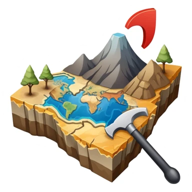 An icon featuring a crowbar and a geological map, and layers of Earth’s crust, symbolizing geology. The design includes mineral samples, fossils, and tectonic plates, representing the study of Earth’s structure and natural processes. Transparent background highlights geological exploration sticker