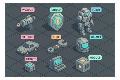a virtual display, a gray grid with darker gray cells, each cell containing an item viewed in isometric minimalism render The cells have pastel neon colored labels in their upper corner, indicating various traits of the items. retrofuturism, circa 2880's sticker