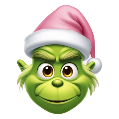 grinch face with a smirk wearing a light pink santa hat sticker
