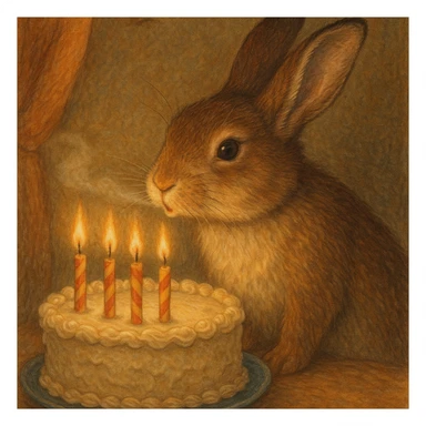 a rabbit blowing out the candles on a birthday cake, detailed scene sticker