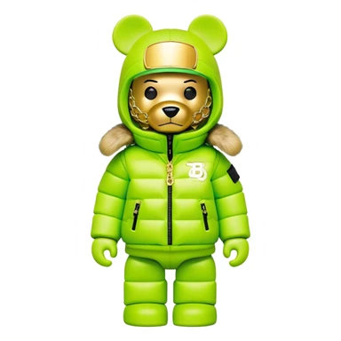 professionally designed bearbrick collectible with precise proportions, lime green balaclava with seamlessly integrated reflective visor lens, high-end branded puffer coat with rich fur collar and prominent designer logo, detailed gold chains, hypebeast aesthetic sticker