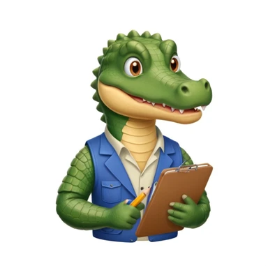 A gator with a clipboard and a pencil, offwhite background sticker