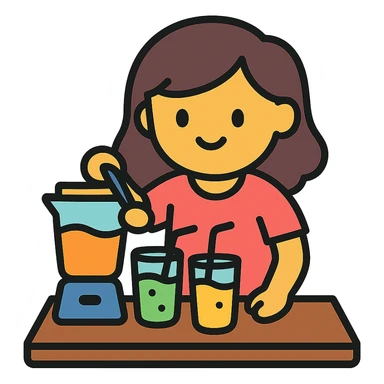 cartoon girl preparing cold drinks and juices on a table, bright colors sticker