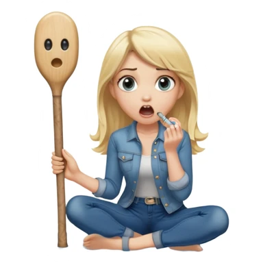 blond woman sitting on her knees with wide eyes, a human in jeans stands next to her, she's holding a wide skin-colored stick with a D-shaped knob, the stick and the nob have skin texture, water squirting from the knob into her mouth, shocked face sticker