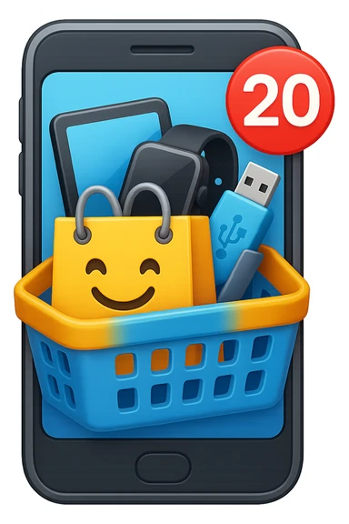 Create a high fidelity emoji style variant with smooth edges featuring a smartphone instead of a monitor, a shopping basket showing tech items like a tablet, smartwatch, and USB drive instead of food, and an emoji shopping bag. The style should resemble emoji style with smooth edges and high detail. sticker