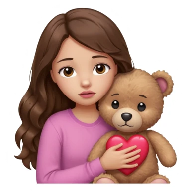 girl with long wavy brown hair, brown eyes, light to medium complexion, in a pink shirt, pink lips, long lashes, sad crying , hugging a teddy bear with a  heart sticker