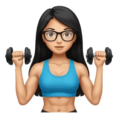 Mujer fitness usando mancuernas con lentes y cabello largo negro sticker