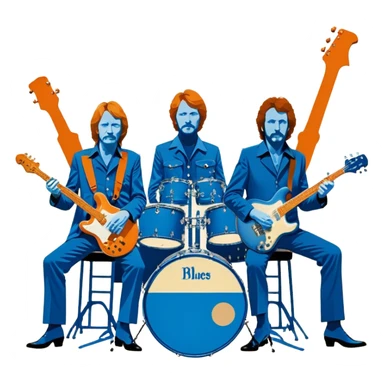 Icon for Blues Rock: collage of the band Cream, with silhouettes of the members (Eric Clapton, Jack Bruce, Ginger Baker) and symbolic items like guitars, drums, and bass. The design should convey the powerful, energetic vibe of the band's music. Transparent background. sticker