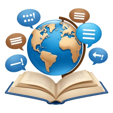 An icon showing a globe surrounded by speech bubbles with greetings in different languages, like 'Hello,' 'Hola,' and 'Bonjour.' The design includes an open book and a quill, symbolizing learning and communication. Transparent background emphasizes global connection through language. sticker