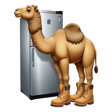 A stainless steel refrigerator with a camel head emerging from the freezer door and camel legs with tan Timberland work boots at the bottom sticker