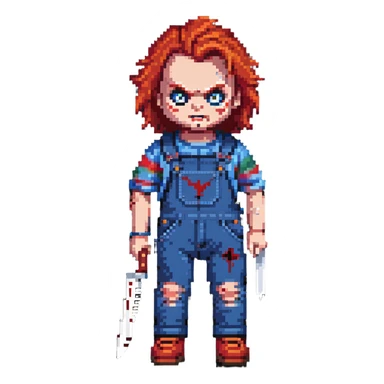 Chucky doll from Child's Play horror movie with red hair, scarred face, blue overalls and a knife sticker