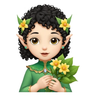 baby elf black curly hair with pointy ears, hold flowers sticker