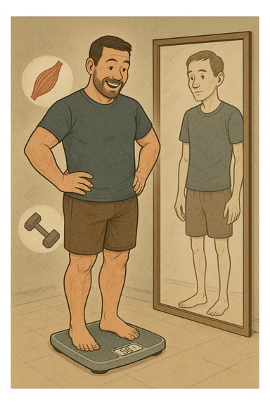 a man stands on a scale, smiling at the lower number, but his reflection in a nearby mirror shows a thinner, but also visibly weaker and less muscular body. Around him, floating icons or faded images of muscle fibers and dumbbells highlight the overlooked loss of muscle mass. The mood is cautionary and educational. in italiano sticker