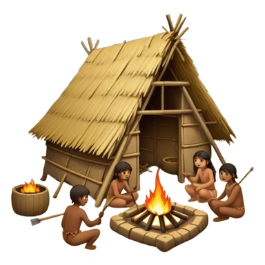Primitive tribe building a settlement. Huts made of wood and straw, people using basic tools, fire pits, and a dense forest surrounding them sticker