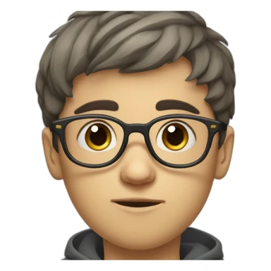 Russian boy in glasses with short dark bangs wearing glasses and a stupid look sticker